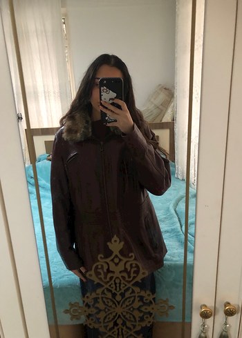 Bordo Deri Kürklü Biker Ceket - Görsel 7