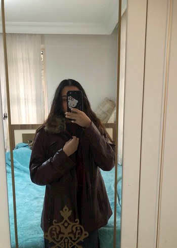 Bordo Deri Kürklü Biker Ceket - Görsel 5