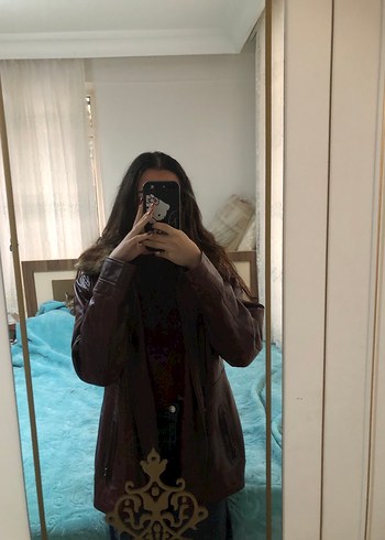 Bordo Deri Kürklü Biker Ceket - Görsel 4