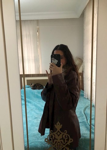 Bordo Deri Kürklü Biker Ceket - Görsel 6