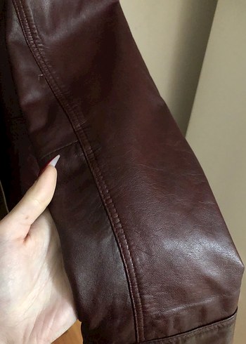 Bordo Deri Kürklü Biker Ceket - Görsel 2