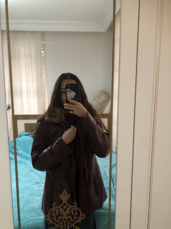 Bordo Deri Kürklü Biker Ceket - Görsel 5