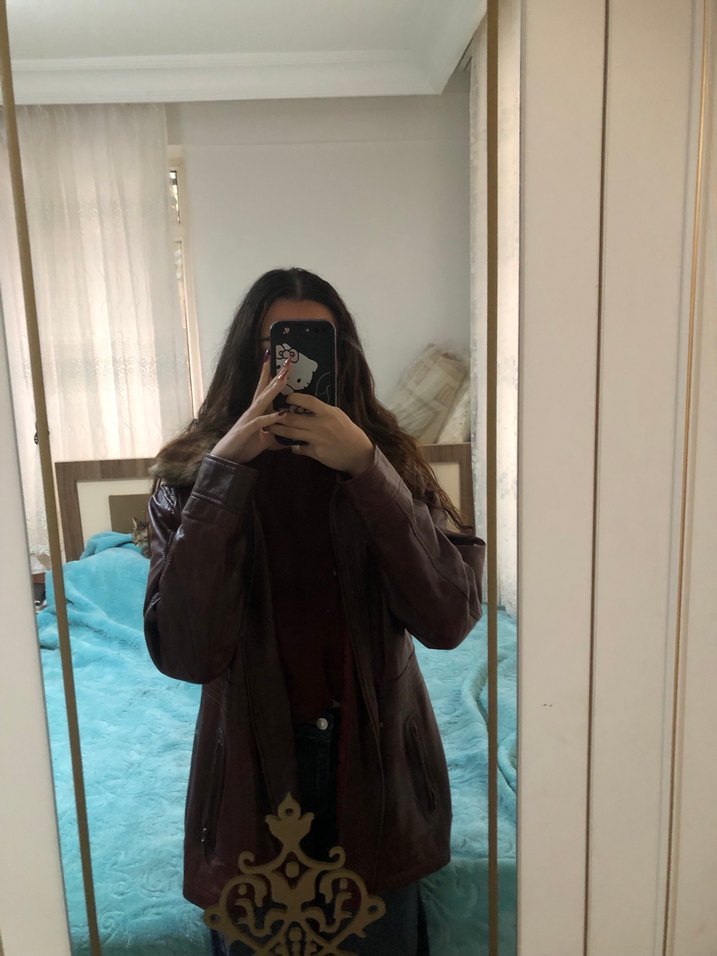 Bordo Deri Kürklü Biker Ceket - Görsel 4