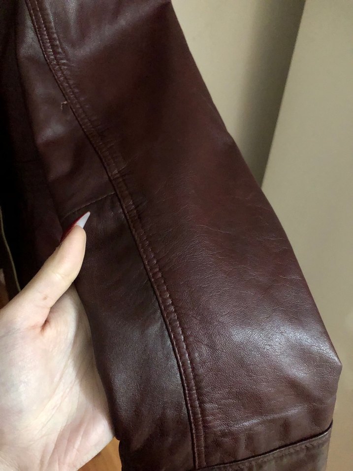 Bordo Deri Kürklü Biker Ceket - Görsel 2