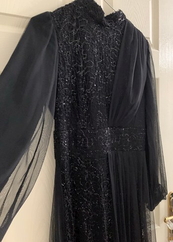 Uzun Kollu Siyah  Uzun Tesettür Abiye Elbise - Görsel 3