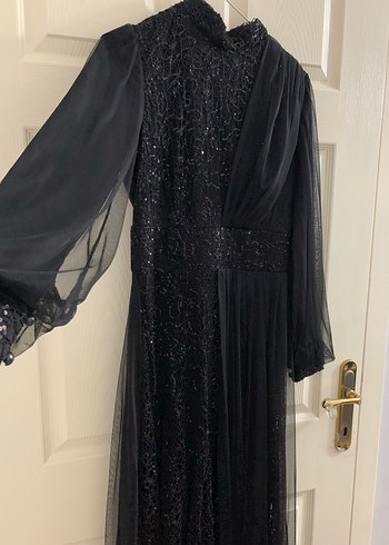 Uzun Kollu Siyah  Uzun Tesettür Abiye Elbise - Görsel 4