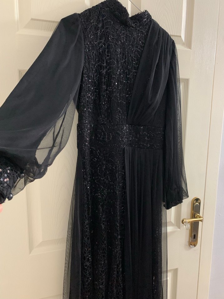 Uzun Kollu Siyah  Uzun Tesettür Abiye Elbise - Görsel 4