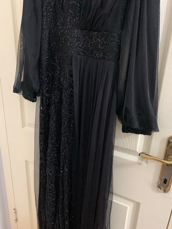 Uzun Kollu Siyah  Uzun Tesettür Abiye Elbise - Görsel 5