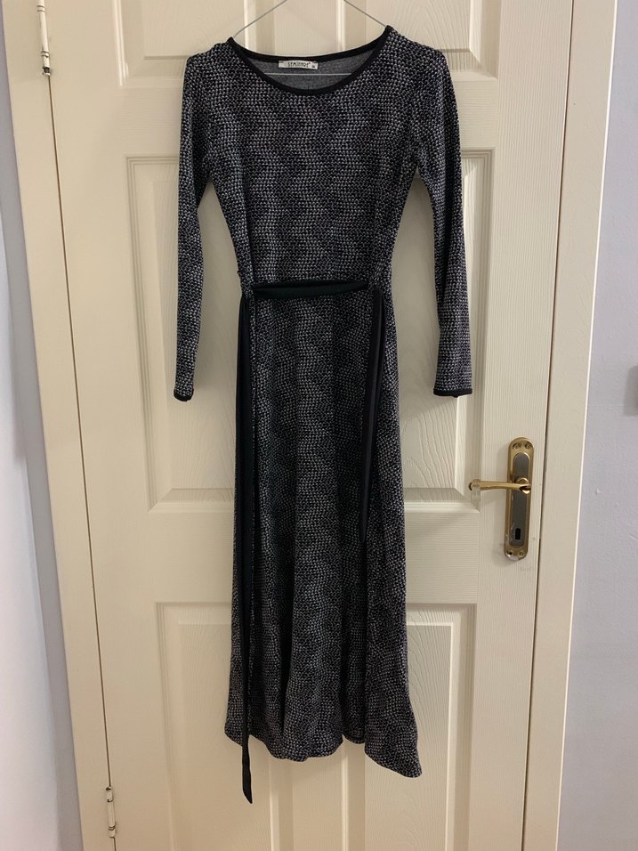 Uzun Kollu Gri Yılan Desenli Kemerli Elbise - Görsel 4