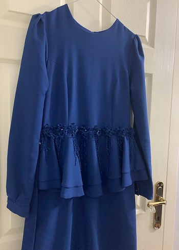 Uzun Kollu Lacivert Abiye Elbise - Görsel 2