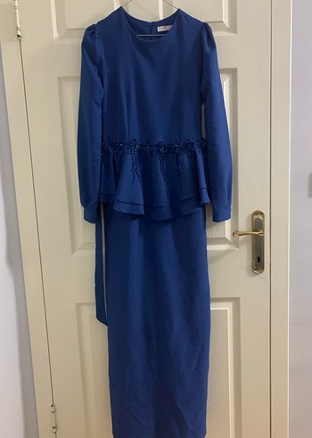 Uzun Kollu Lacivert Abiye Elbise - Görsel 4