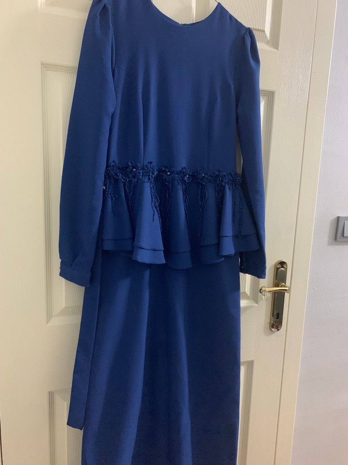 Uzun Kollu Lacivert Abiye Elbise - Görsel 3