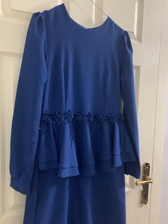 Uzun Kollu Lacivert Abiye Elbise - Görsel 2