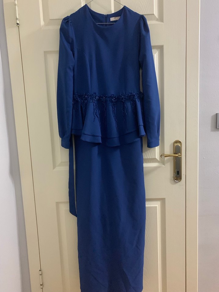 Uzun Kollu Lacivert Abiye Elbise - Görsel 4