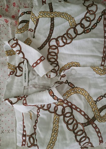 Zincir Desenli Beyaz Uzun Keten Gömlek - Görsel 2