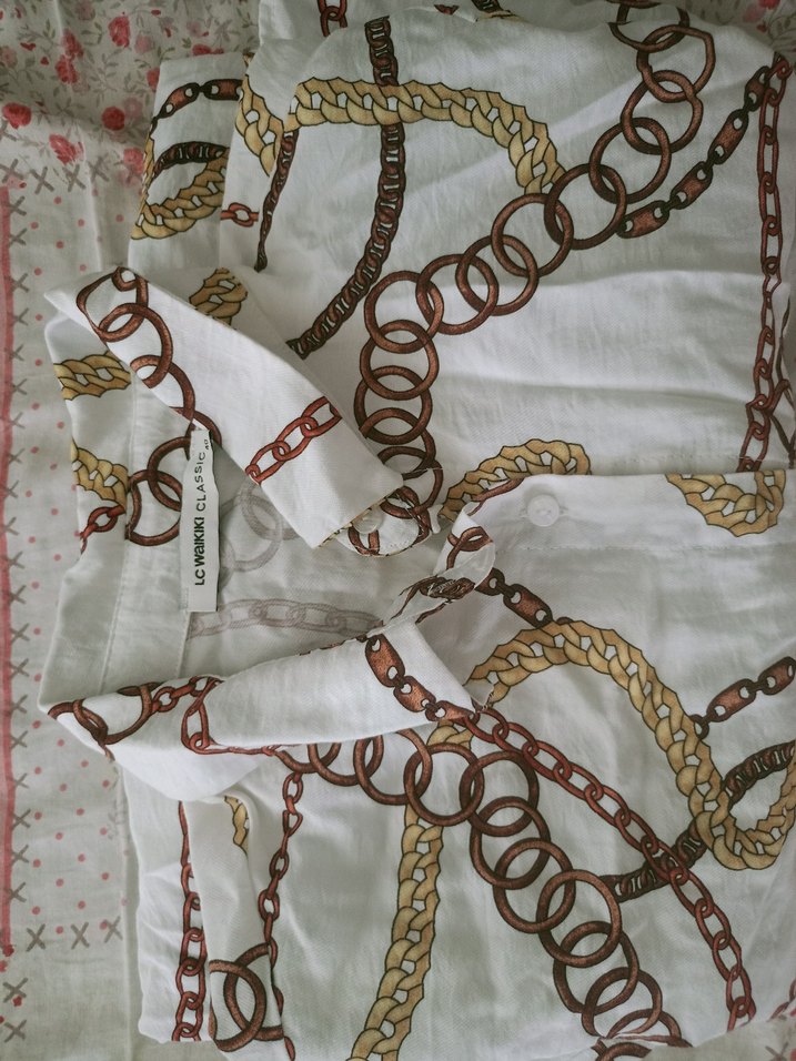 Zincir Desenli Beyaz Uzun Keten Gömlek - Görsel 2