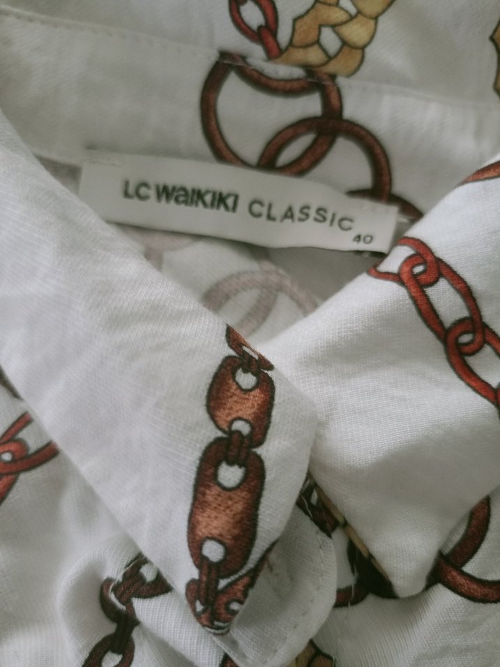 Zincir Desenli Beyaz Uzun Keten Gömlek - Görsel 3