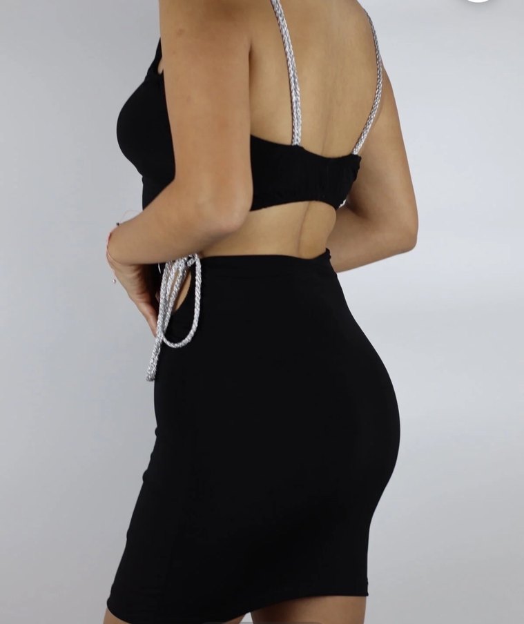 Siyah Parlak Mini Strappy Elbise - Görsel 3