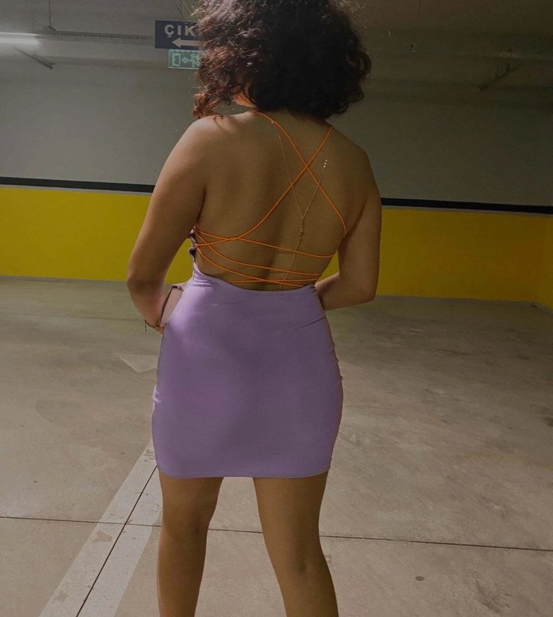 Mor Drapeli Mini Elbise - Görsel 2