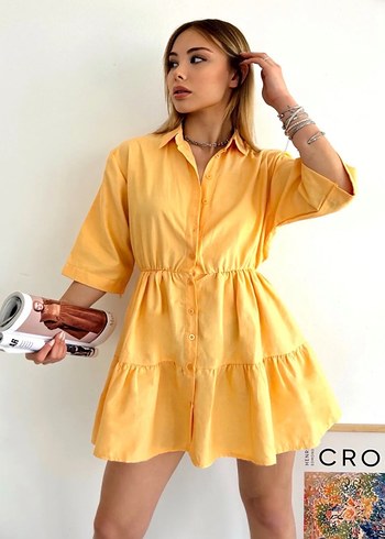 Sarı Bohem Mini Elbise V Yaka Fırfırlı - Görsel 3