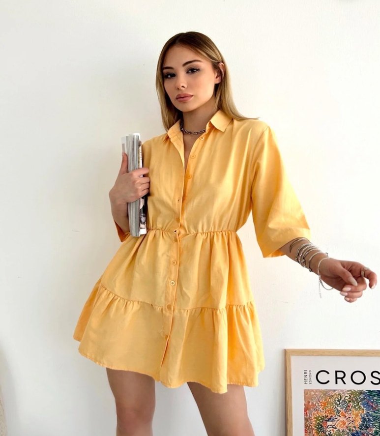 Sarı Bohem Mini Elbise V Yaka Fırfırlı - Görsel 2