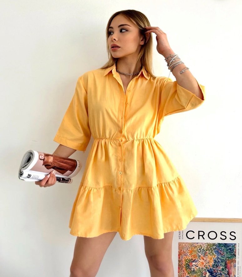 Sarı Bohem Mini Elbise V Yaka Fırfırlı - Görsel 3