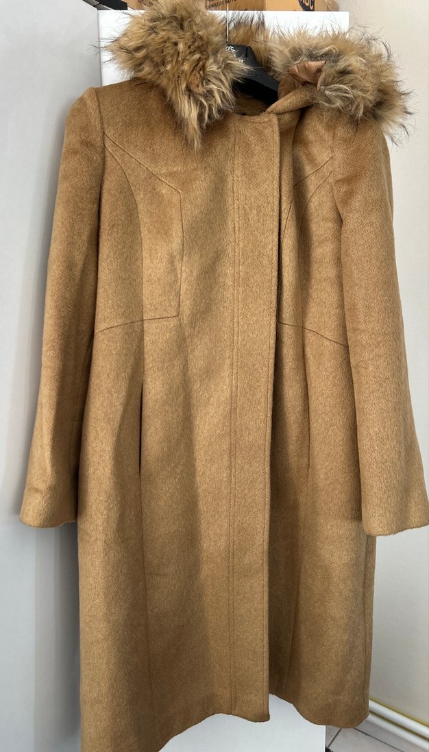 Kürk detaylı çıkarılabilir kapşon kaşe kaban - Görsel 2