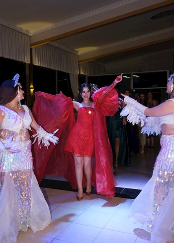 Balon Kollu İşlemeli Kırmızı Straplez Mini Elbise - Görsel 4