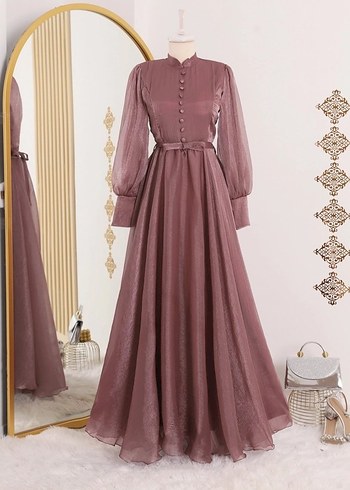 KAHVERENGİ Uzun Düğmeli Abiye Elbise - Görsel 2