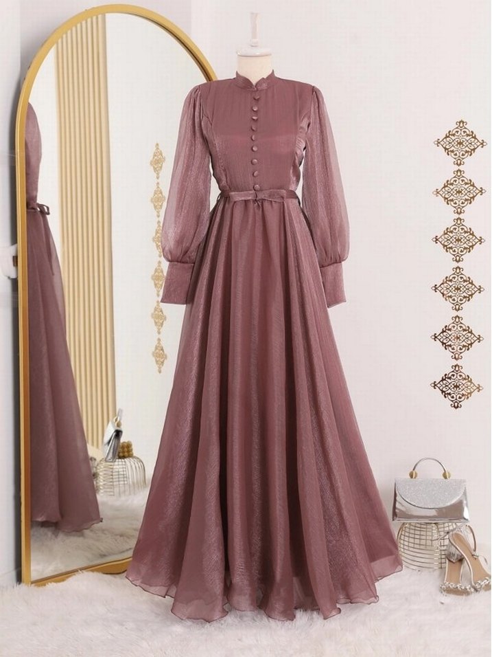 KAHVERENGİ Uzun Düğmeli Abiye Elbise - Görsel 2