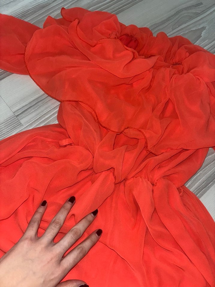 Turuncu Uzun Kollu Volanlı Bohem Elbise - Görsel 2