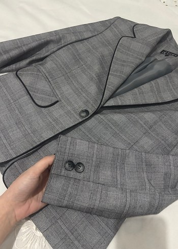 Kadın Gri Ekose Düğmeli Blazer Ceket - Görsel 3