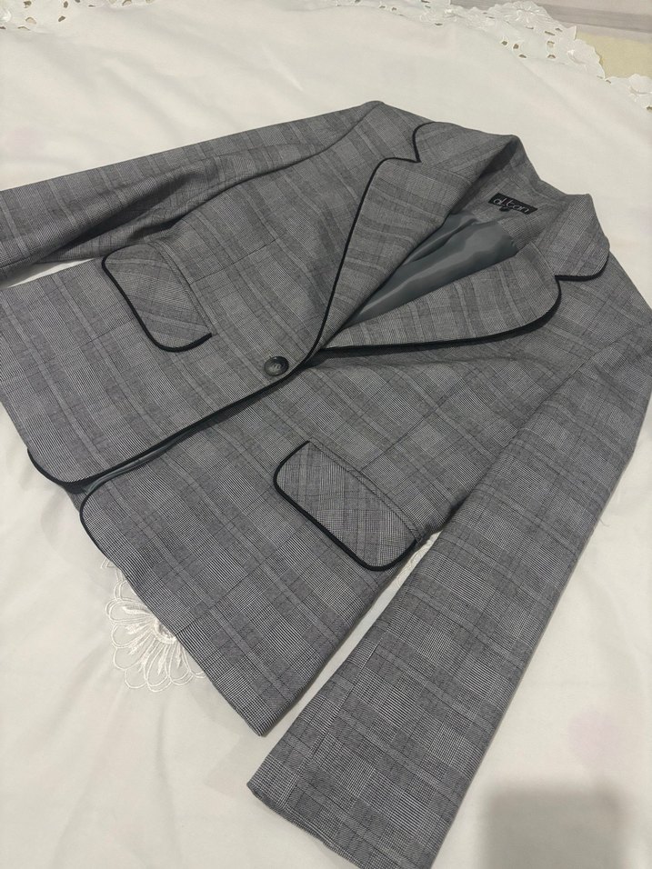 Kadın Gri Ekose Düğmeli Blazer Ceket - Görsel 2