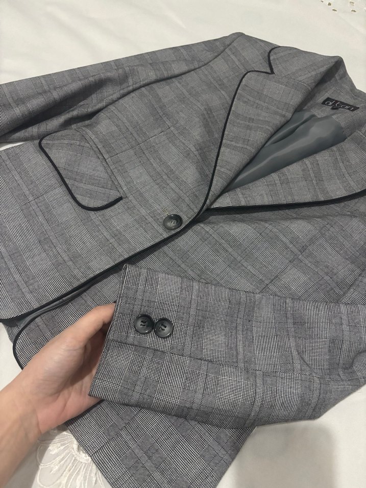 Kadın Gri Ekose Düğmeli Blazer Ceket - Görsel 3