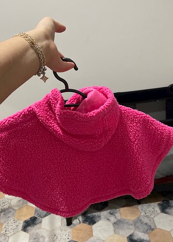 Kapüşonlu Pembe Kız Çocuk Panço - Görsel 2