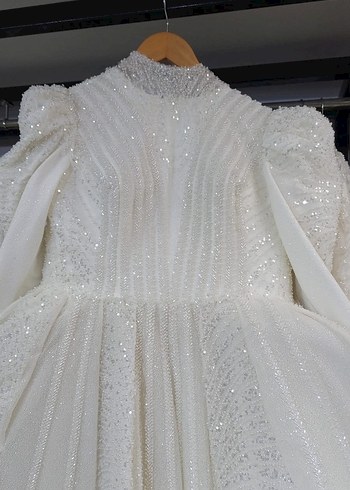 Uzun Beyaz Tesettür Abiye Elbise Gelinlik - Görsel 2