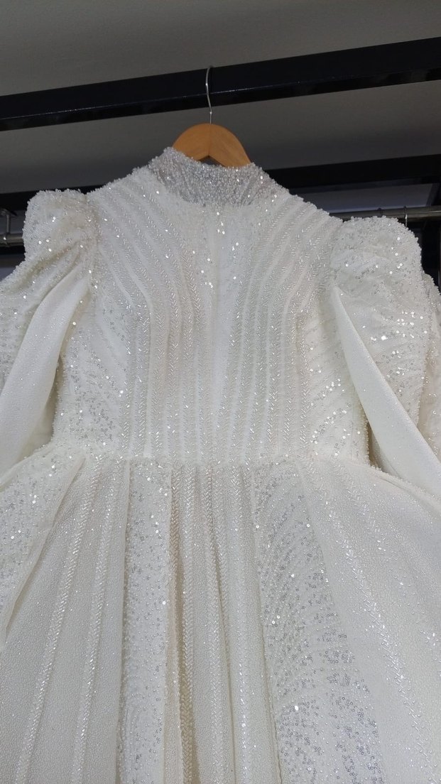 Uzun Beyaz Tesettür Abiye Elbise Gelinlik - Görsel 2