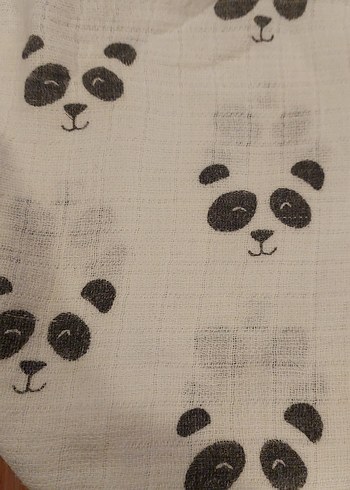 Beyaz Siyah Panda Baskılı Keten Çocuk Müslin Örtü - Görsel 4