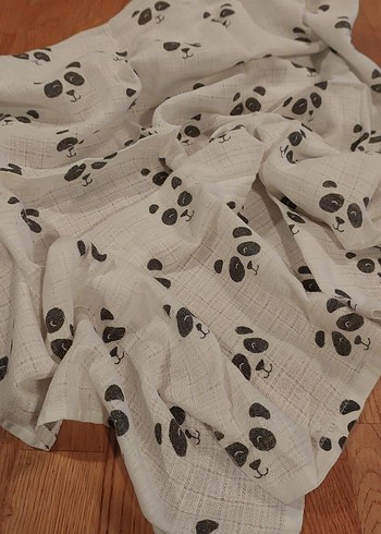 Beyaz Siyah Panda Baskılı Keten Çocuk Müslin Örtü - Görsel 2