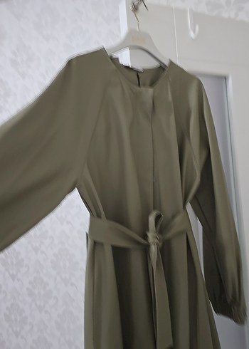 Kadın Kuşaklı Uzun Haki suni deri Trençkot kap - Görsel 4