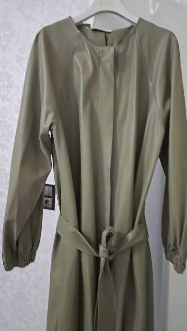 Kadın Kuşaklı Uzun Haki suni deri Trençkot kap - Görsel 2