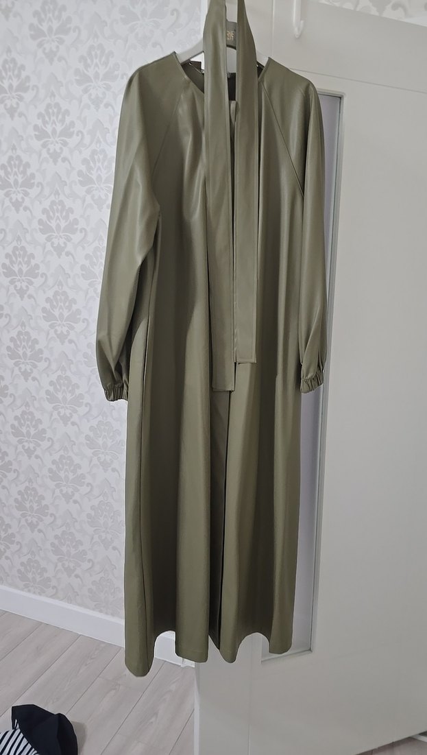 Kadın Kuşaklı Uzun Haki suni deri Trençkot kap - Görsel 5