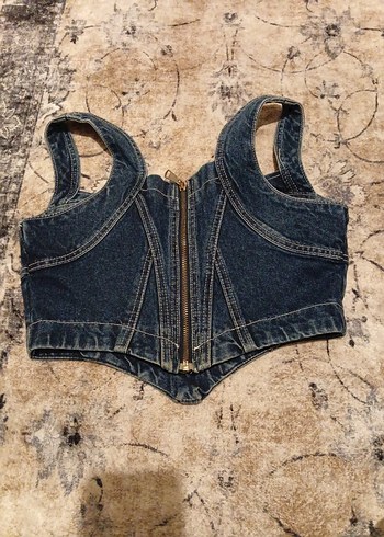 Fermuarlı Koyu Mavi Kot Büstiyer - Görsel 2