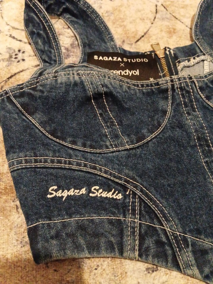 Fermuarlı Koyu Mavi Kot Büstiyer - Görsel 4