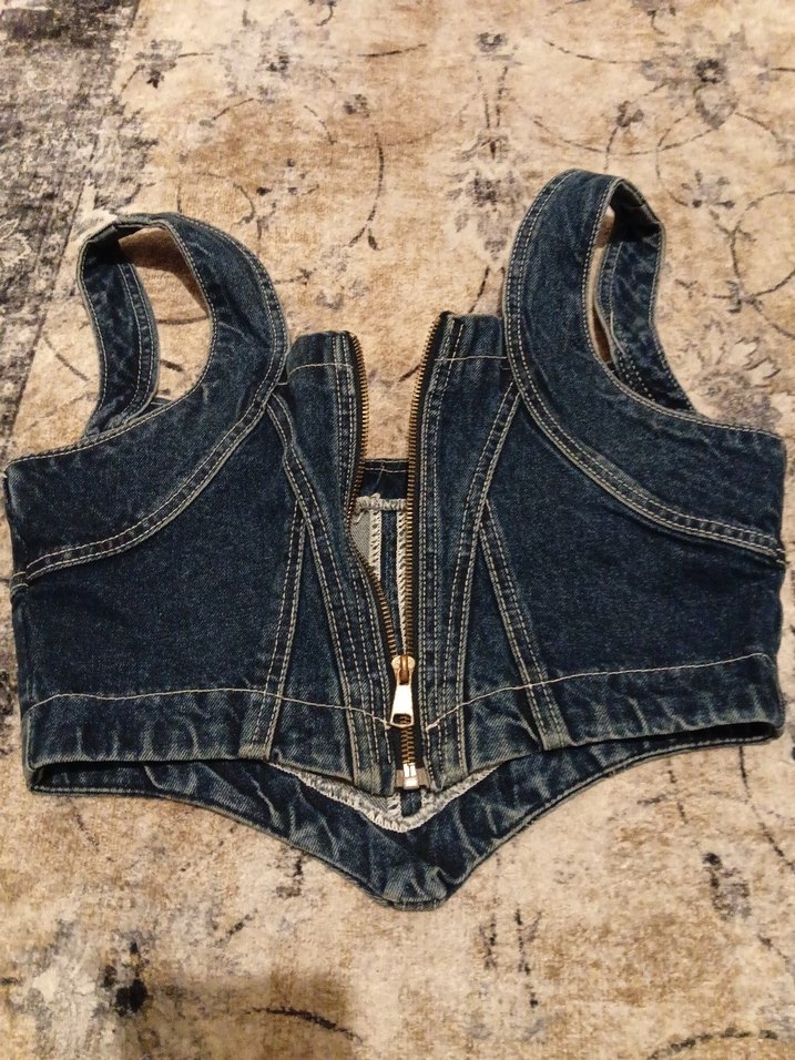 Fermuarlı Koyu Mavi Kot Büstiyer - Görsel 3