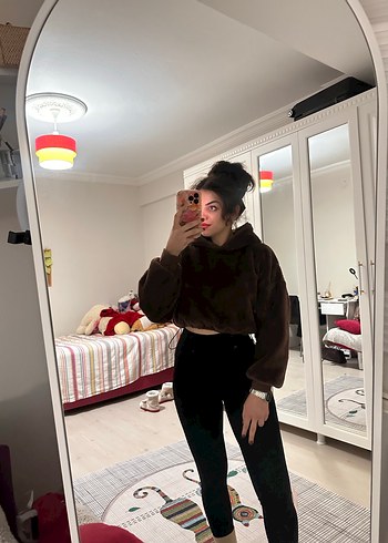 Kahverengi Peluş Yüksek Yaka kapşonlu Kadın Sweatshirt - Görsel 4