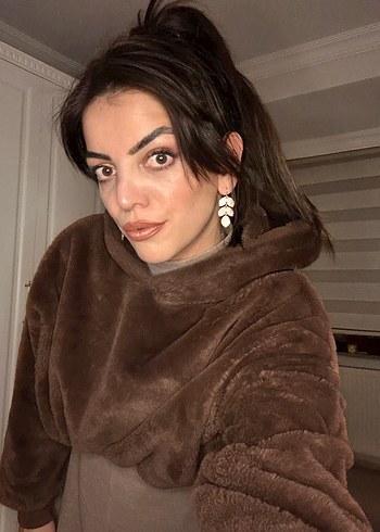 Kahverengi Peluş Yüksek Yaka kapşonlu Kadın Sweatshirt - Görsel 2