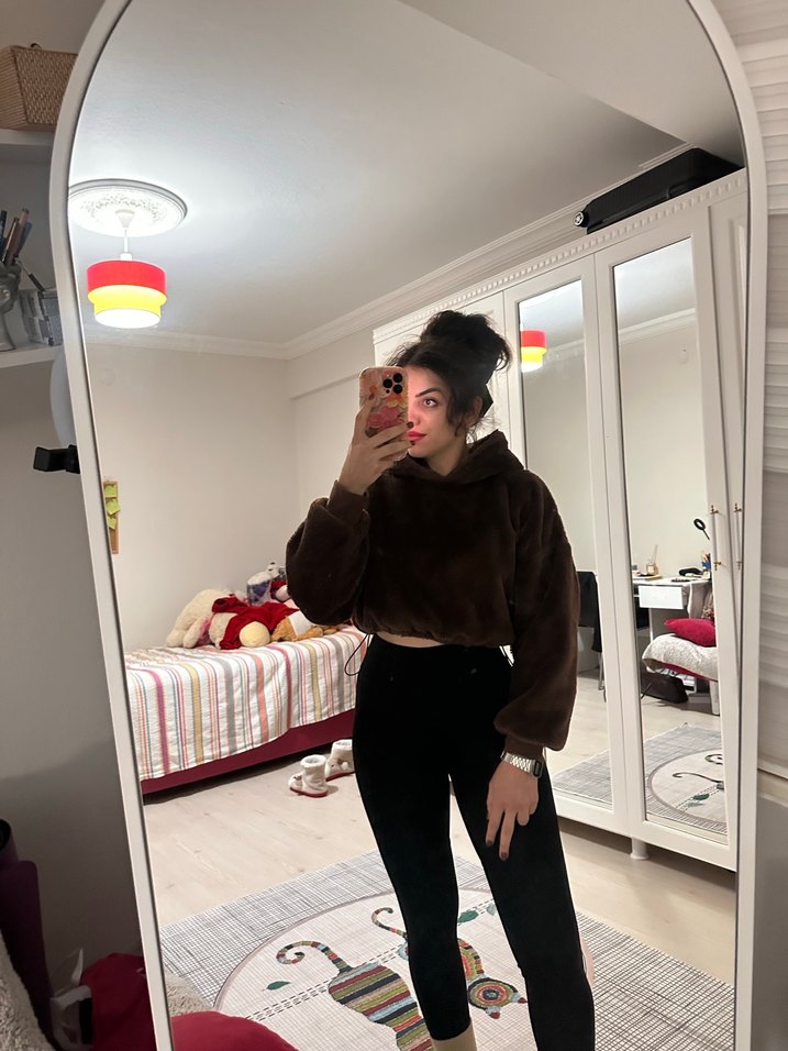 Kahverengi Peluş Yüksek Yaka kapşonlu Kadın Sweatshirt - Görsel 4