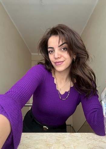 Mor Triko Kadın Bluz, Uzun Kollu, Dar Kesim - Görsel 3