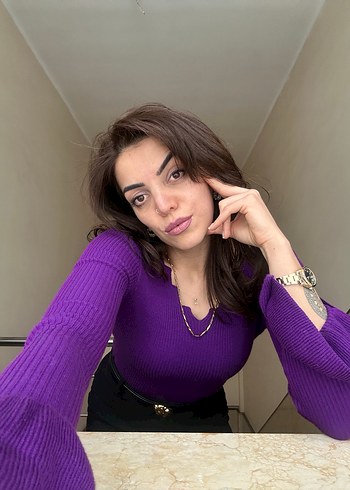 Mor Triko Kadın Bluz, Uzun Kollu, Dar Kesim - Görsel 2